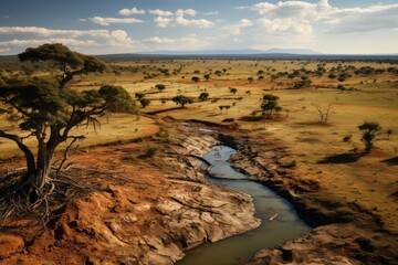 Generative AI. Zambia landscape. Majestic African Landscape with Meandering River and Wildlife.