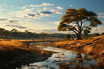 Generative AI. Zimbabwe landscape. Serene Sunset over Tranquil River with Lush Tree and Reflective Water.