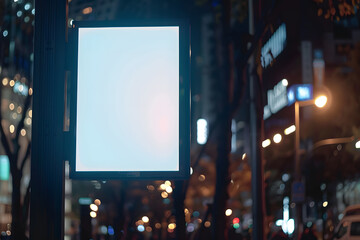 Blank city format Billboard (LightPoster, CityLight) banner pylon in in the city center mock-up at night. Blurred background mock up. Generative Ai.