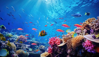 Naklejka premium Tropical fish in the underwater, coral reef, amazing underwater life, various fish and exotic coral reefs, ocean wild creatures background