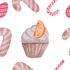 cupcake with cream and orange and cookie cane and white lollipop with red stripes seamless pattern isolated on gray background watercolor illustration base for tableware and textile card design