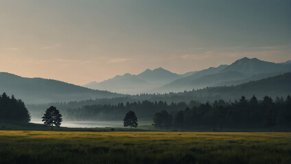 This image shows a mountain landscape in the distance with a large open grassy field in the foreground. There are two large trees in the middle of the field and a few more trees scattered around. The  - Powered by Adobe