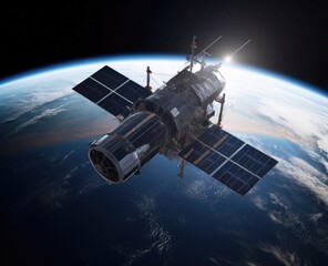 Obraz premium A mechanical satellite against the backdrop of planet Earth. Technologies. AI generative.