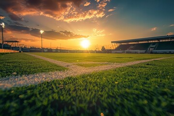 A vibrant sunset bathes a soccer stadium in golden hues, the empty stands and pristine pitch suggesting serenity, with copy space