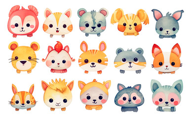 Baby cute faces animals watercolor set. Hand drawn set small animals. generated Ai