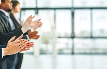 Hands, clapping and team in business, meeting and celebration of merger with company, corporate and...