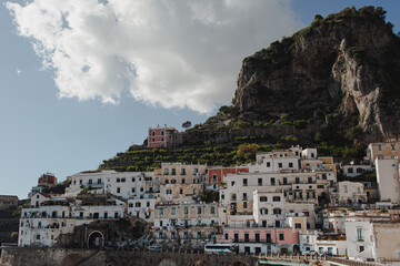 Coastal view of old historic Italian architecture. Traditional European old town buildings in...