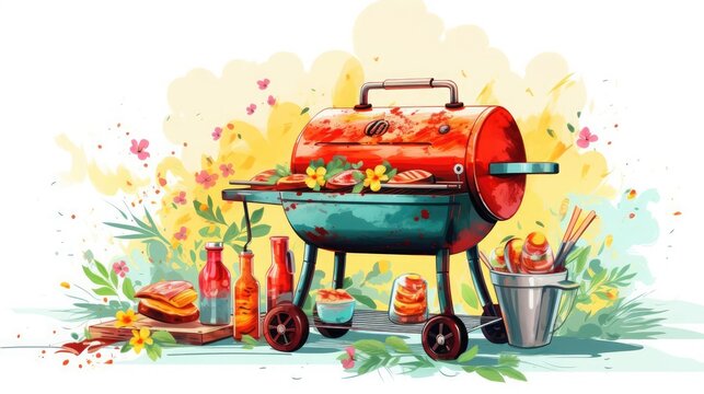 watercolor barbecue grill with food and flowers clip art preview