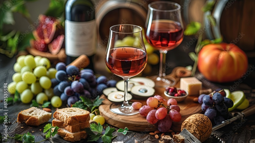 Wall mural A table with a variety of fruits and a bottle of wine