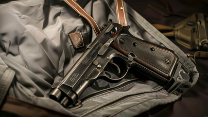 Intriguing composition of gun in bag, super realistic