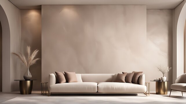  Light beige living room - modern interior hall and furniture design. Mockup for art - ivory taupe empty texture plaster microcement wall. Luxury premium nude accent lounge reception. 3d render 