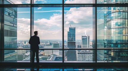 Fototapeta premium The photo shows a man standing in a modern office, looking out at the city