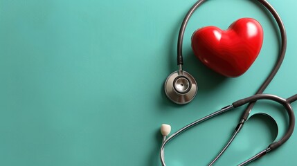 Black stethoscope and red heart, close-up. Healthcare. The concept of cardiology. The concept of health insurance. Cardiology.