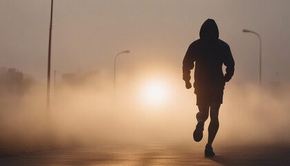 Silhouette of muscular man going for a run in shorts and hoodie at misty sunrise in the city center

