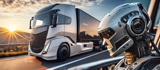 자율주행 트럭을 운전하는 인공지능 로봇의 초현실적 이미지