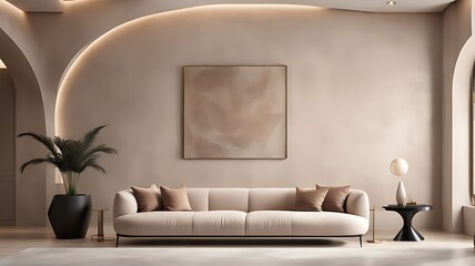  Light beige living room - modern interior hall and furniture design. Mockup for art - ivory taupe empty texture plaster microcement wall. Luxury premium nude accent lounge reception. 3d render 