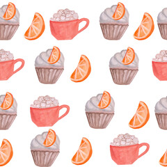 brown cocoa mug with marshmallows and cupcake with cream and orange and tangerine seamless pattern isolated on white background watercolor illustration base for tableware and textile card design