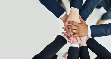 Obraz premium Business people, hands and stack for team support as top view with mockup space, agreement or solidarity. Colleagues, pile and corporate collaboration b2b investment for deal, target or workforce