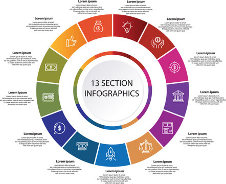Collection of  13 circle chart infographic templates for presentations, advertising, layouts, annual reports