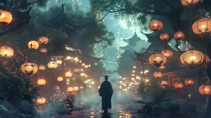 A man is walking through a forest with lanterns hanging from the trees. The lanterns are lit up, creating a warm and inviting atmosphere. The man is wearing a robe