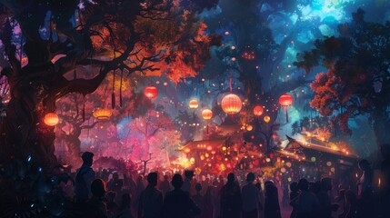 Fantasy-inspired scene of surreal community gatherings and festivities in a surreal universe
