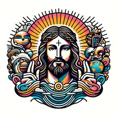 Obraz premium A colorful illustration of a jesus christ with a beard attractive harmony card design illustrator.