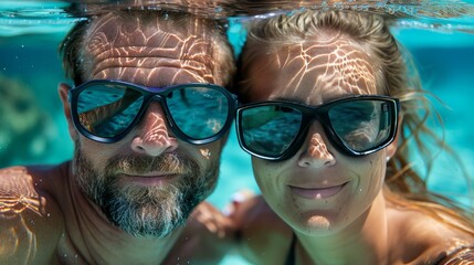 Happy senior couple smiling underwater in swimming pool, enjoying a refreshing swim together