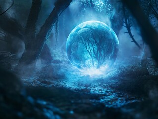 Obraz premium A mystical glowing orb encapsulating a tree silhouette stands in a foggy, ethereal forest setting.