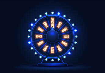Neon wheel of fortune. Spinning lucky roulette on a bright background. Vector illustration.