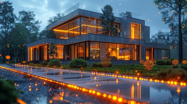 A modern house with a pool and a beautiful garden.