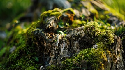 Fototapeta premium Close up images of a decaying tree trunk covered in moss in a garden