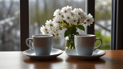 Fototapeta na wymiar cup of coffee and flowers A table near the window with two cups of coffee and a view of white blossoms and springtime surroundings. Artificial Intelligence