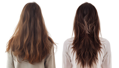 Woman before and after hair treatment on white, back view. Collage with damaged and healthy hair