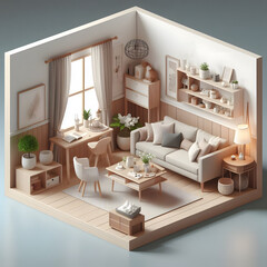 Isometric diorama of a cozy living room.  3d perspective, 
 miniature, interior and home concept.