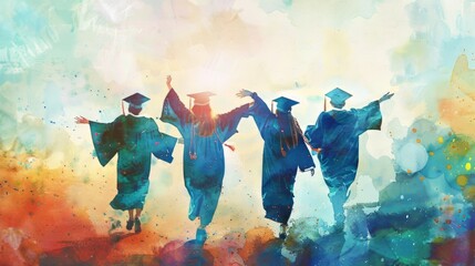 Graduation concept depicted in a cheerful watercolor illustration