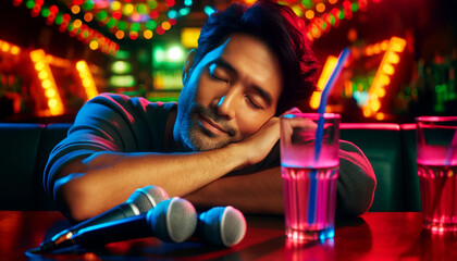 A man is sleeping on a table with a microphone and a cup of water. The scene is set in a bar or a club with neon lights and a lively atmosphere. The man is tired or exhausted