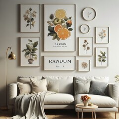 A couch with pictures on the wall image realistic attractive has illustrative meaning.