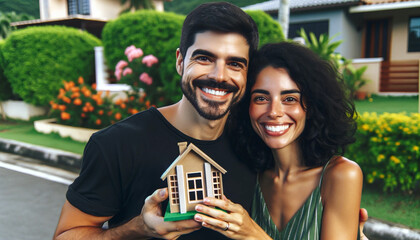 A man and woman are holding a small house model, smiling at the camera. Concept of happiness and excitement about their new home