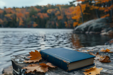 book by the lake in the fall season mock up. Generative Ai.
