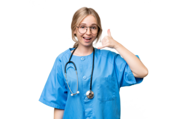 Young nurse English woman over isolated background making phone gesture. Call me back sign