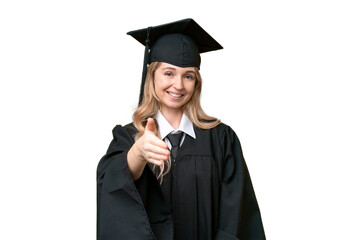 Young university English graduate woman over isolated background shaking hands for closing a good deal