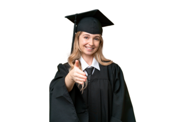 Young university English graduate woman over isolated background shaking hands for closing a good deal