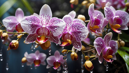 Water drops on a beautiful colorful orchid flowers gardens background design wallpaper