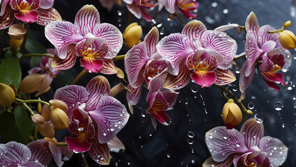 Water drops on a beautiful colorful orchid flowers gardens background design wallpaper - obrazy, fototapety, plakaty