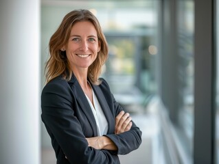 A woman in a business suit is smiling and posing for a photo