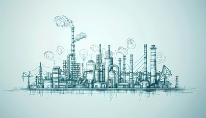 An illustration of a factory. The factory is large and has many smokestacks. It is located in a rural area.