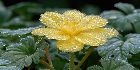 Closeup of a yellow flowering plant with water drops on its petals