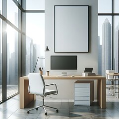 A desk with a computer and a chair in front of a large window image lively has illustrative meaning card design.