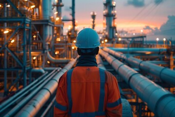 Fototapeta premium Seen here is an engineer in overalls and a wardrobe working on a pipeline and pipeline rails in an industrial area where oil, chemicals and hydrogen are produced.