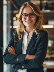 A woman in a business suit is smiling and posing for a photo - obrazy, fototapety, plakaty